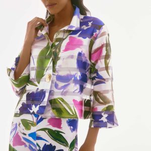 Joseph Ribkoff Signature | Shadow Stripe Floral Print Trapeze Jacket