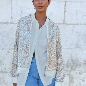 Never Fully Dressed Silver Sequin Bomber Jacket