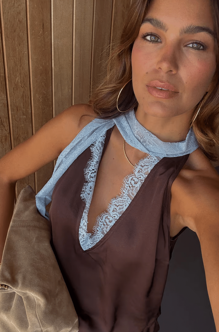 Never Fully Dressed Chocolate Blue Lace Top