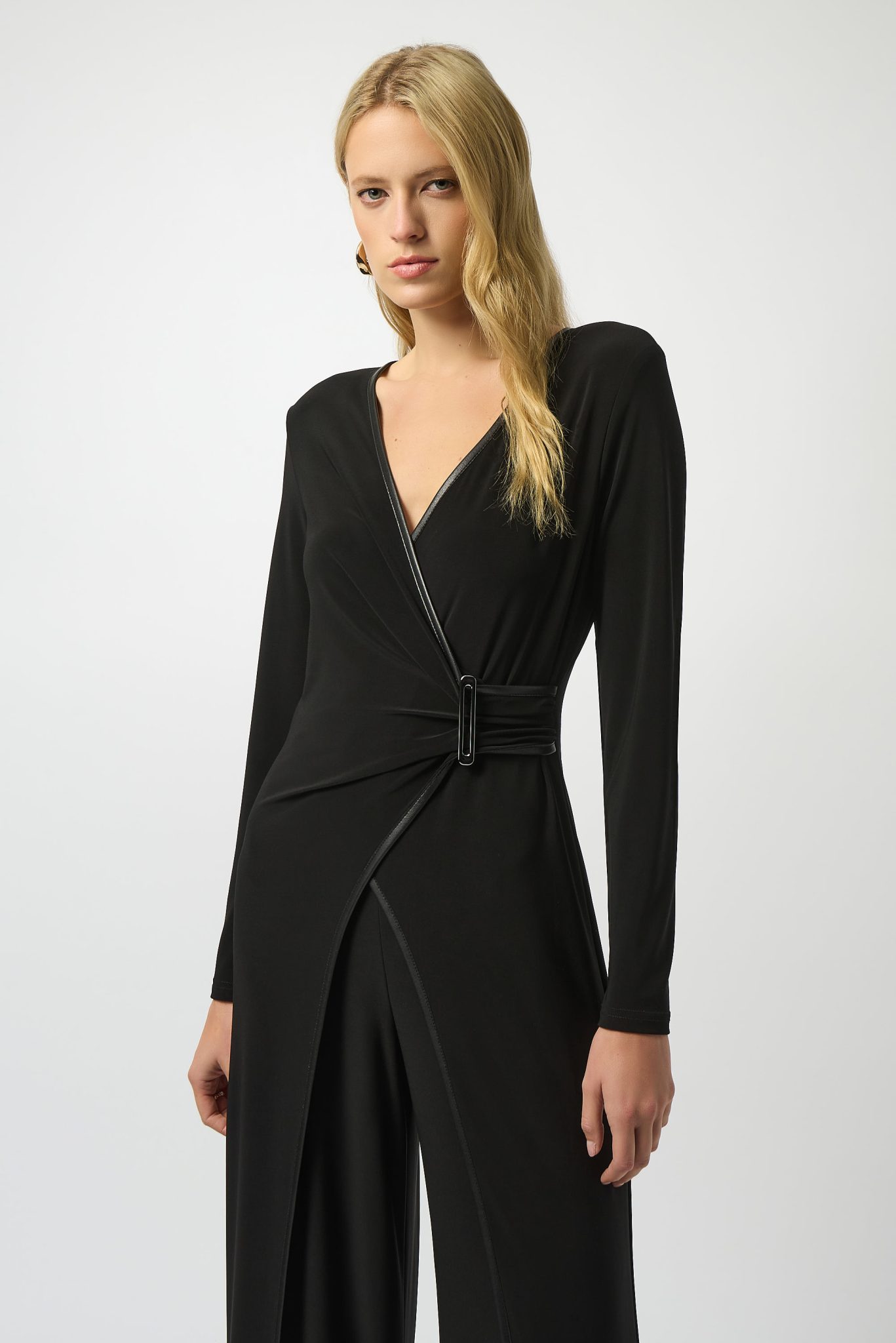 Joseph Ribkoff Silky Knit & Leatherette Wide-Leg Jumpsuit