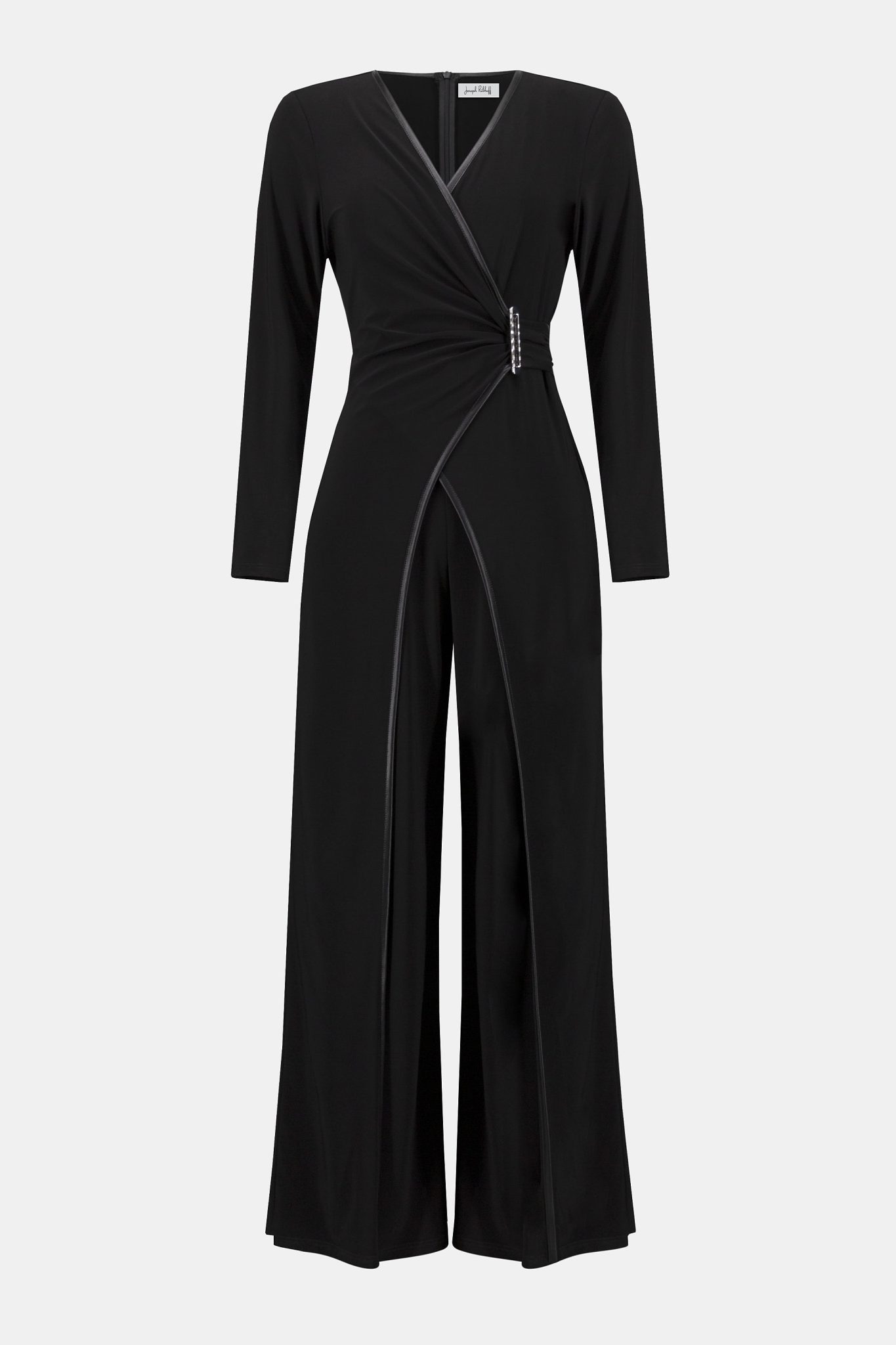 Joseph Ribkoff Silky Knit & Leatherette Wide-Leg Jumpsuit