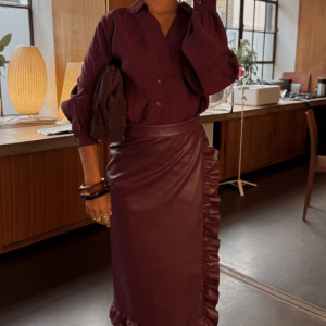 Never Fully Dressed Wine Vegan Leather Ruffle Jaspre Skirt