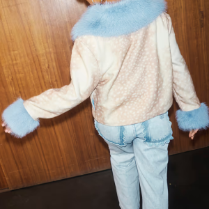 Never Fully Dressed Deer Print Jacket with Blue Faux Fur Trims