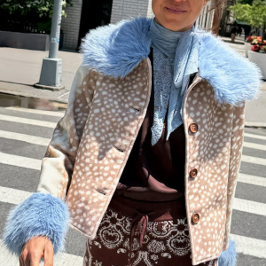 Never Fully Dressed Deer Print Jacket with Blue Faux Fur Trims