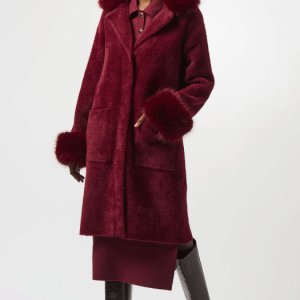 Joseph Ribkoff FEATHER YARN FAUX FUR COAT- MERLOT