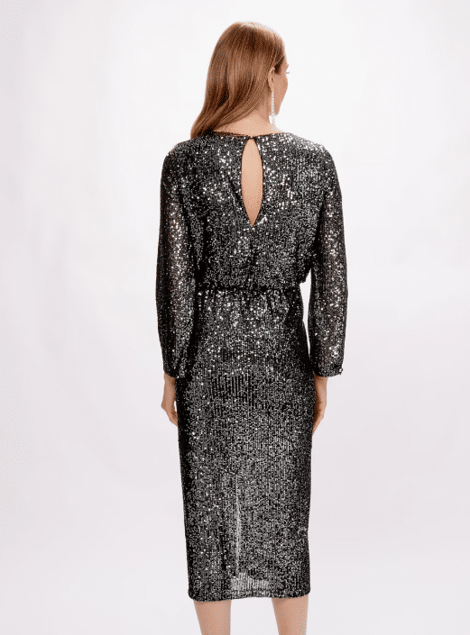 Joseph Ribkoff SEQUINED BODYCON MIDI DRESS IN GUN METAL