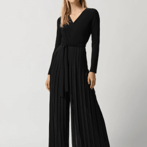 Joseph Ribkoff BLACK PLEATED CHIFFON WIDE-LEG WRAP JUMPSUIT