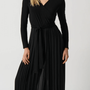 Joseph Ribkoff BLACK PLEATED CHIFFON WIDE-LEG WRAP JUMPSUIT