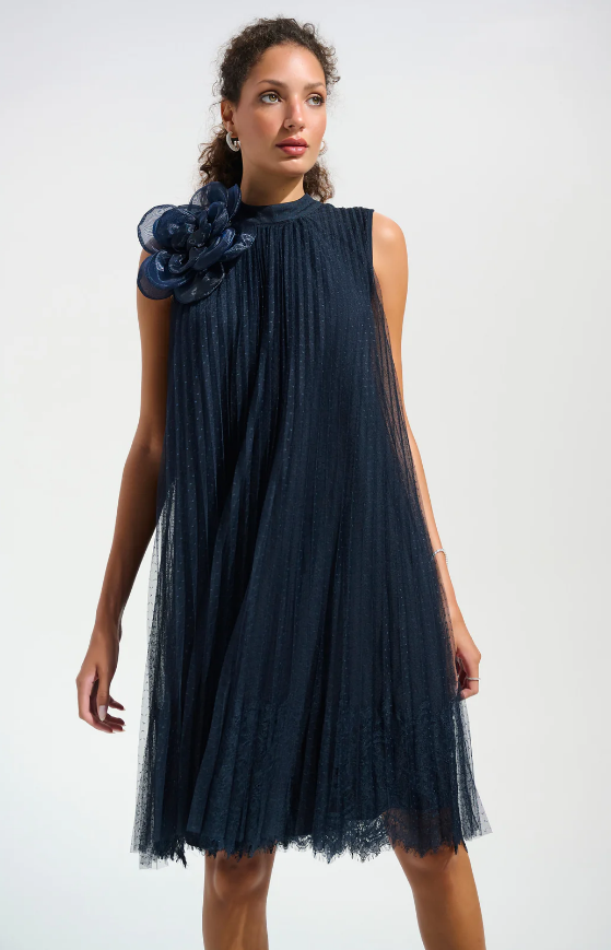 chinese dress ladies Joseph Ribkoff Mesh and Lace A-Line Dress with Organza Flower Detail Style 261737 Midnight Blue / 14