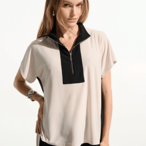 Joseph Ribkoff Silky Knit Color Block Straight Top With Zipped Collar