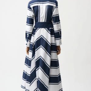Cotton Stripe Print Fit and Flare Shirt Dress with Reversible Sash