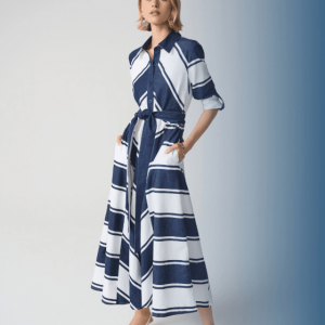 Cotton Stripe Print Fit and Flare Shirt Dress with Reversible Sash