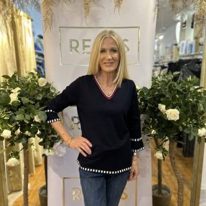 Alison Sheri NAVY V NECK RED WHITE DETAIL Sweater