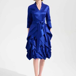 Joseph Ribkoff Signature | Stretch Taffeta Fit And Flare Dress With Cascading Ruffle Skirt