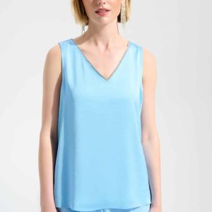 Joseph Ribkoff Signature | Recycled Satin Straight Top With Rhinestones Trim
