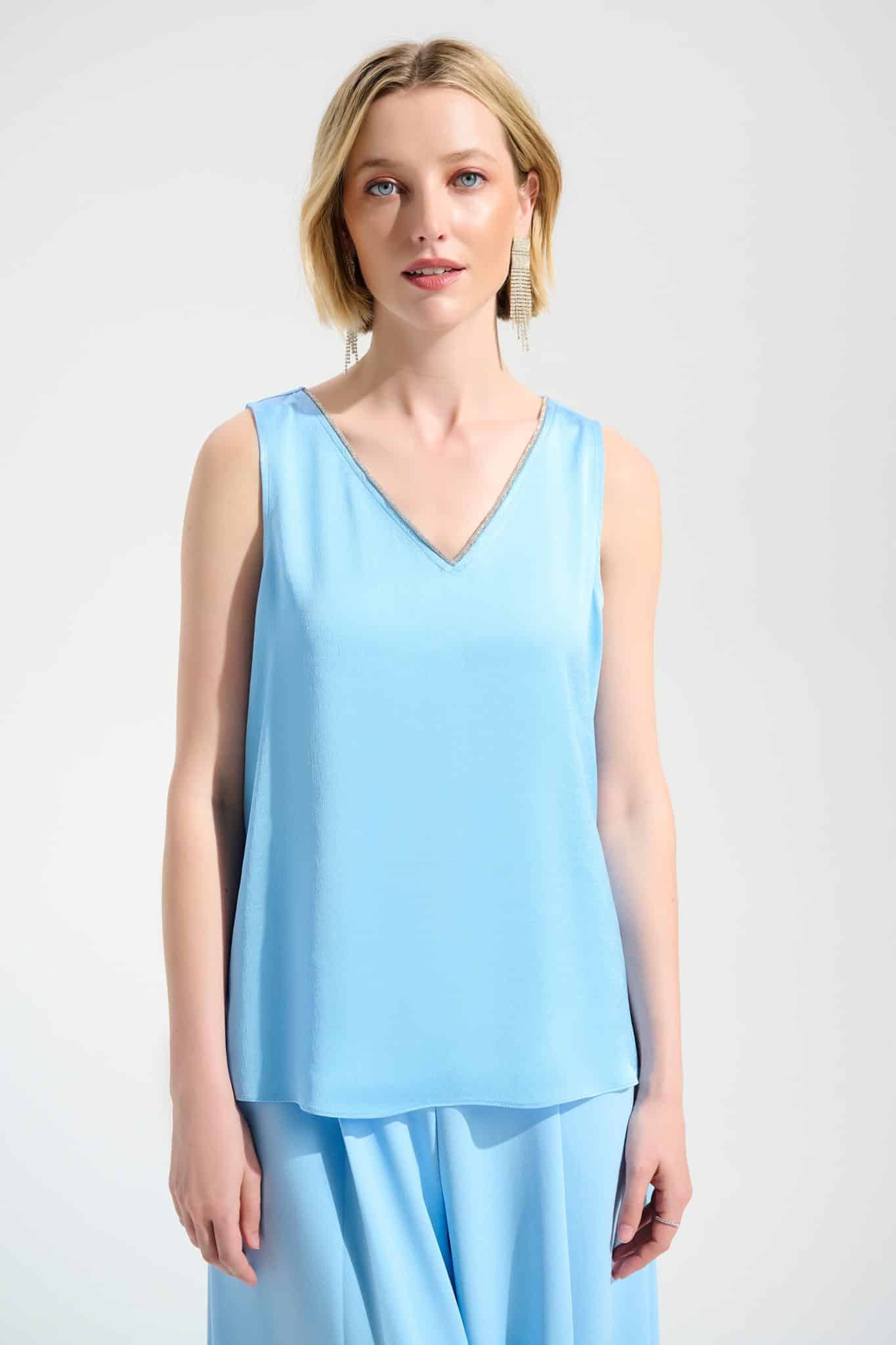 Joseph Ribkoff Signature | Recycled Satin Straight Top With Rhinestones Trim