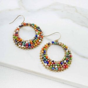 Envy Jewellery Multicolour Beaded Hoop Earrings – Gold Tone