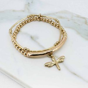 Envy Gold Tone Beaded Bangle Bracelet with Dragonfly Charm