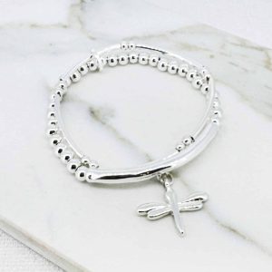Envy Silver Tone Beaded Bangle Bracelet with Cross Charm