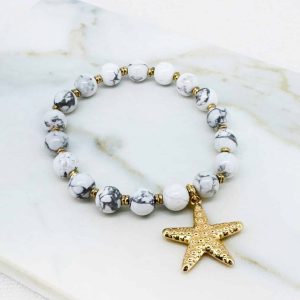Envy Jewellery White Marble Bead Bracelet with Gold Starfish Charm