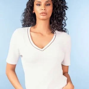 Alison Sheri WHITE SHORT SLEEVE KNIT V-NECK TOP