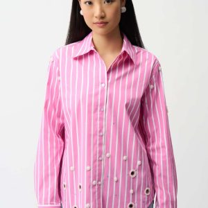 Joseph Ribkoff Stretch Cotton Stripe Print Boxy Blouse With Rhinestones