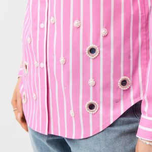 Joseph Ribkoff Stretch Cotton Stripe Print Boxy Blouse With Rhinestones