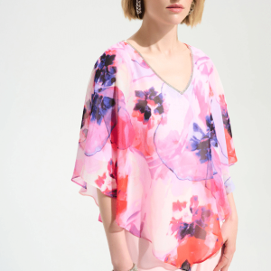 Joseph Ribkoff Signature | Silky Knit Floral Print Poncho With Chiffon Layer