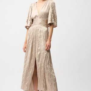 Joseph Ribkoff Satin Fit and Flare Pleated Dress with Knot Waist Detail