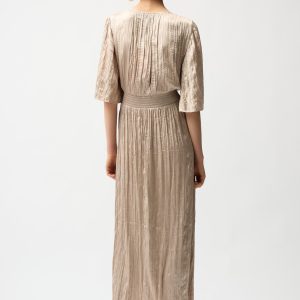 Joseph Ribkoff Satin Fit and Flare Pleated Dress with Knot Waist Detail