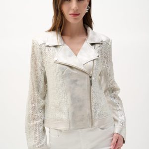 Joseph Ribkoff Faux Suede Foiled Knit Moto Jacket