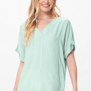 Suzy D Kashmir Crepe Front Jersey Back V Neck Tee seafoam