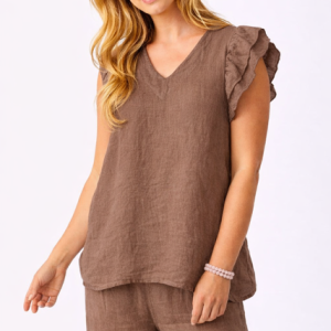 Suzy D Santiago V Neck Frill Sleeve Linen Tee