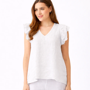 Suzy D Santiago  White V Neck Frill Sleeve Linen Tee