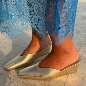 Never Fully Dressed Gold Wedge Mule