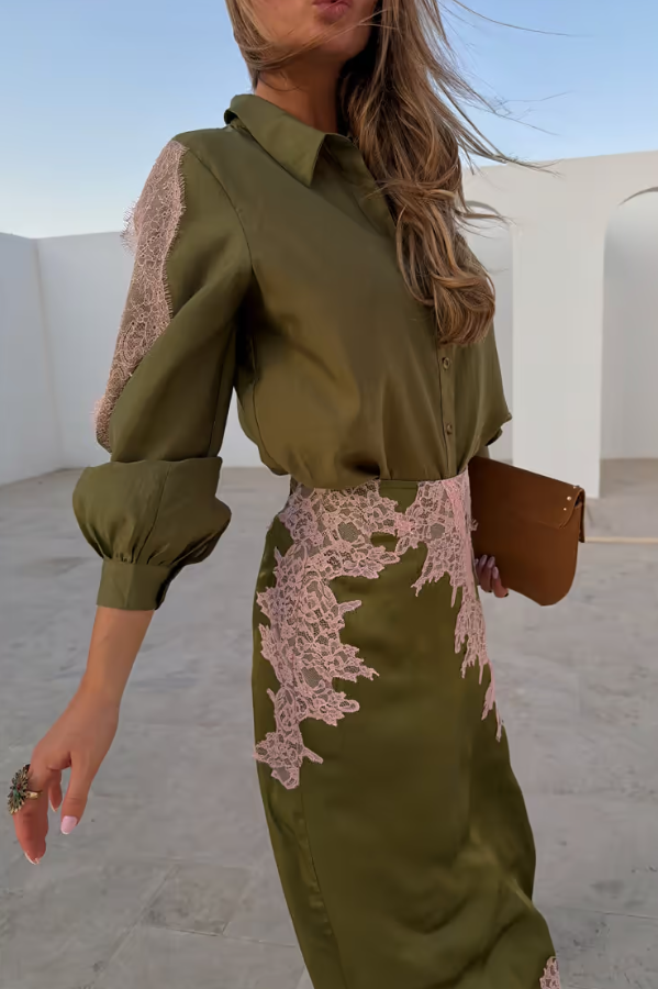 Never Fully Dressed Olive & Pink Lace Marley Shirt