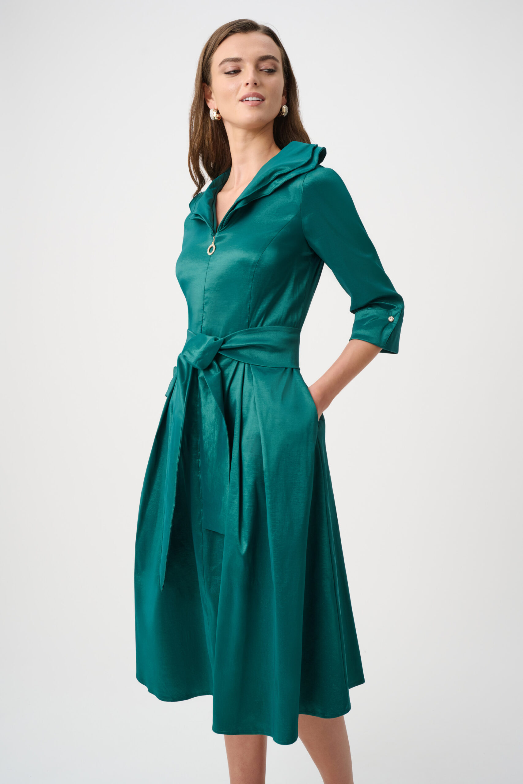 Joseph Ribkoff Signature | Stretch Taffeta Fit And Flare Dress With Lapel Collar