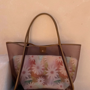 Never Fully Dressed Tan Mesh Tote Bag