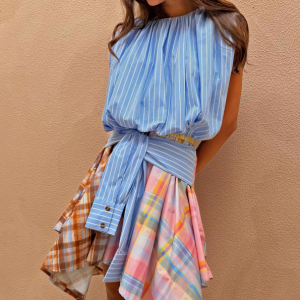 Never Fully Dressed Check Asymmetric Mini Skirt with Stripe Detail