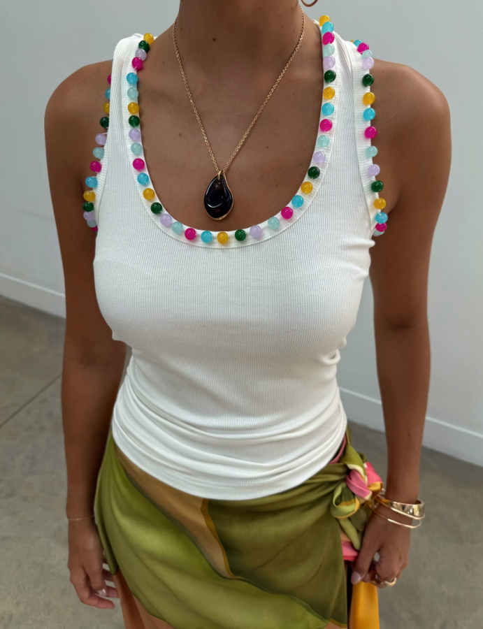 Never Fully Dressed White Beaded Rib Tank