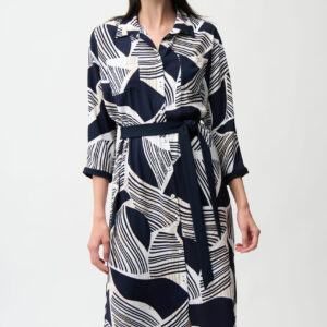 Joseph Ribkoff Satin Back Crepe Geometric Print Shirt Dress With Sash
