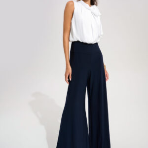 Joseph Ribkoff Signature | Silky Knit And Satin Wide Leg Jumpsuit With Contrast Bodice And Neck Bow Tie
