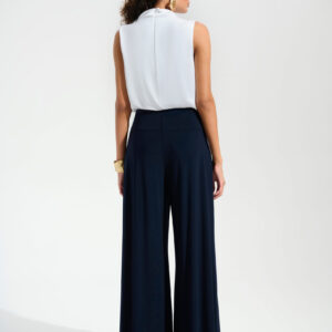 Joseph Ribkoff Signature | Silky Knit And Satin Wide Leg Jumpsuit With Contrast Bodice And Neck Bow Tie