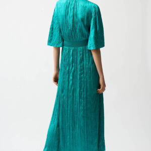 Joseph Ribkoff Satin Fit and Flare Pleated Dress with Knot Waist Detail