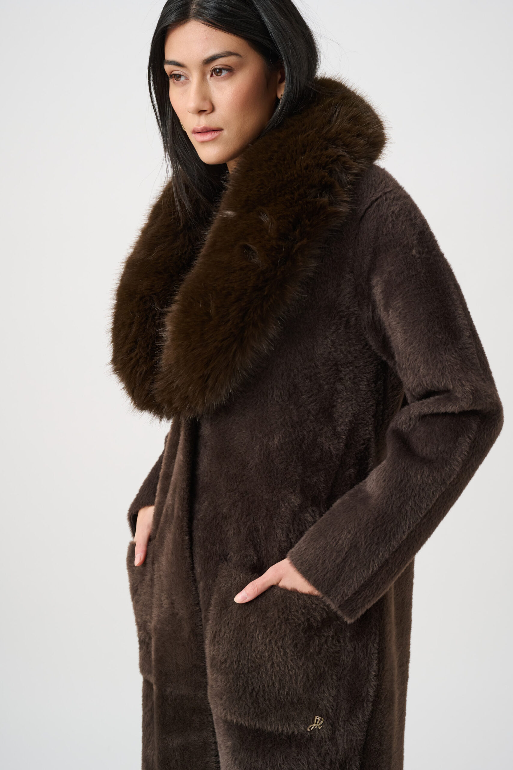 Joseph Ribkoff Feather Yarn Knit Coat With Detachable Faux Fur Collar