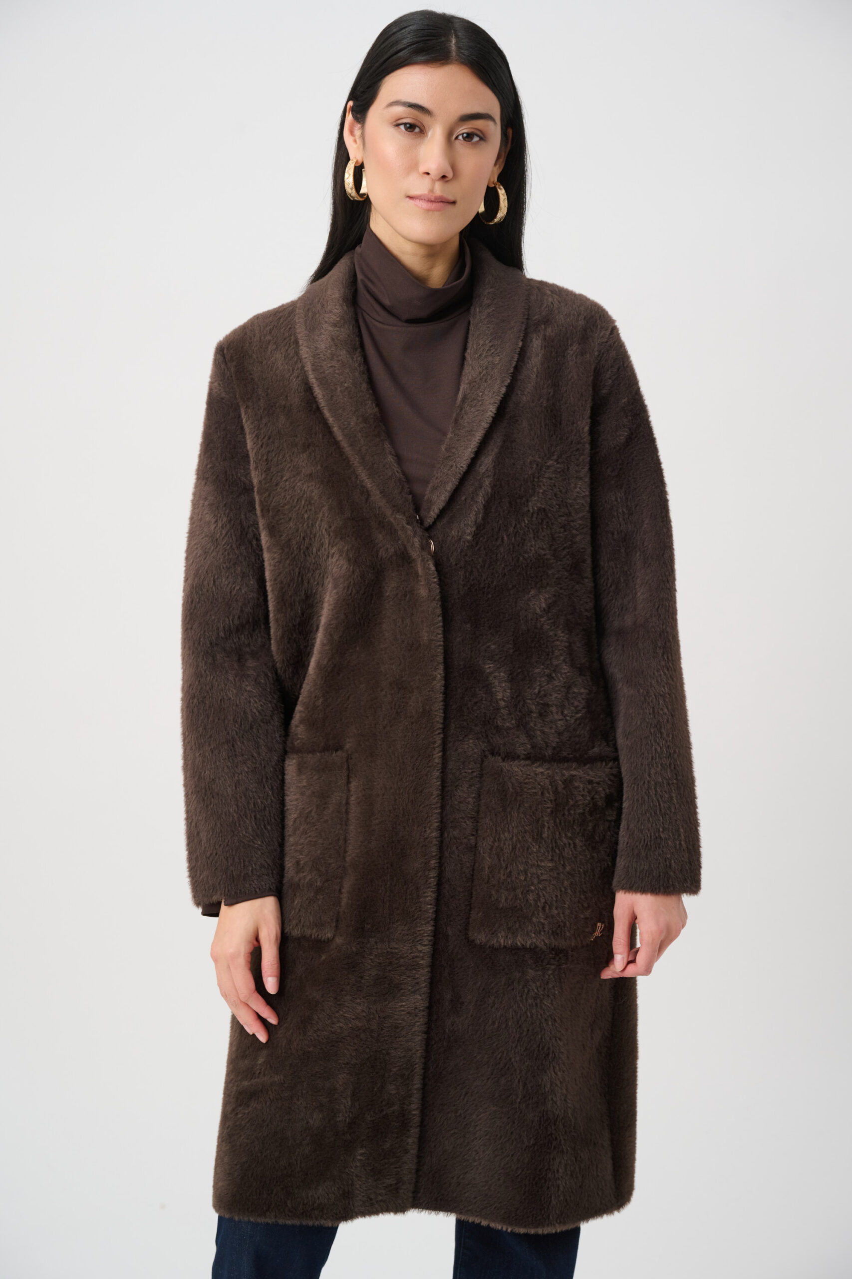 Joseph Ribkoff Feather Yarn Knit Coat With Detachable Faux Fur Collar
