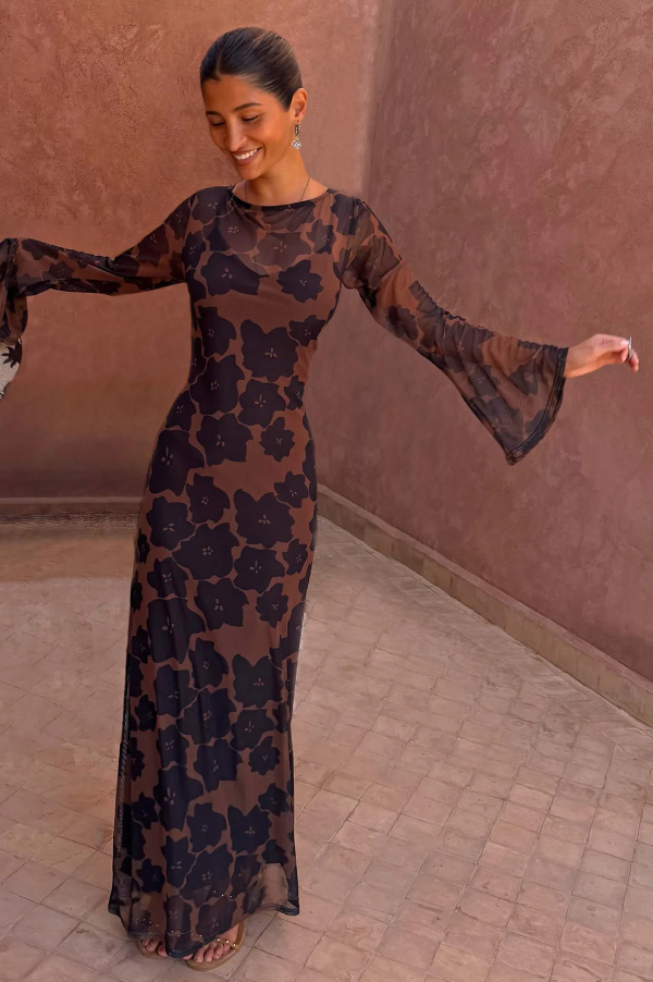 Never Fully Dressed Tan Jaden Floral Mesh Dress