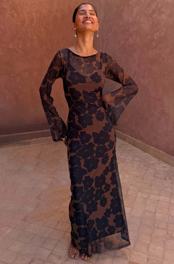 Never Fully Dressed Tan Jaden Floral Mesh Dress
