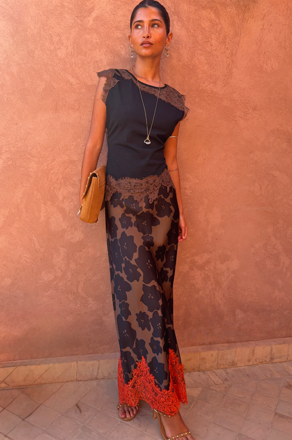 Never Fully Dressed Tan Jaden Floral Midi Meava Skirt