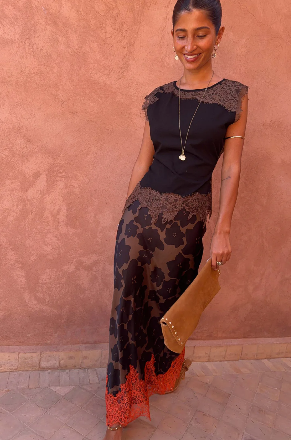 Never Fully Dressed Tan Jaden Floral Midi Meava Skirt